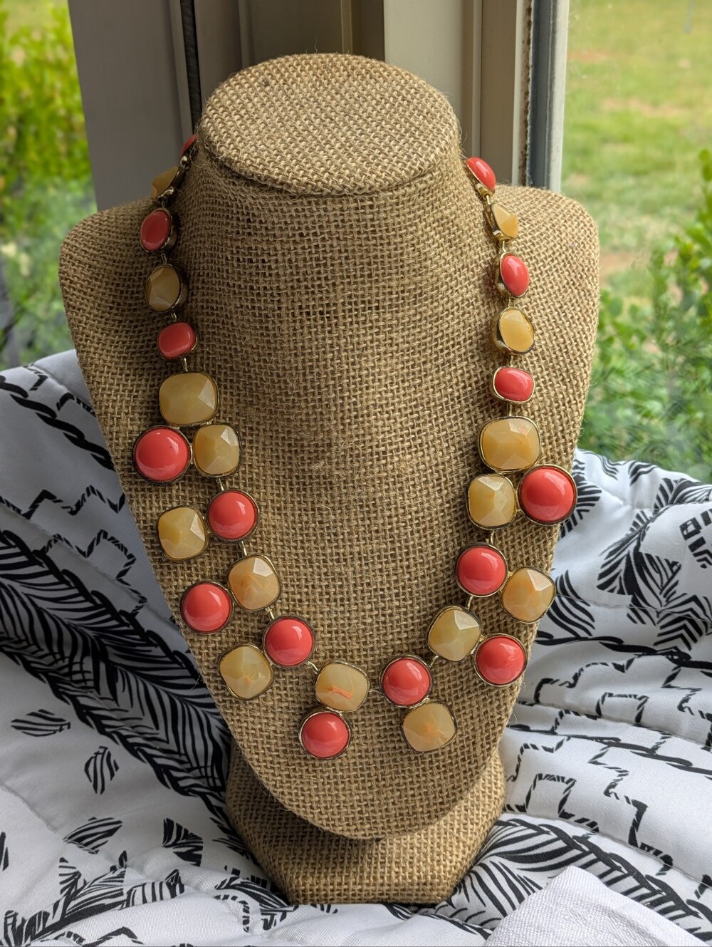 Coral & Honey Resin Statement Bib Necklace | Warm Gold Tone